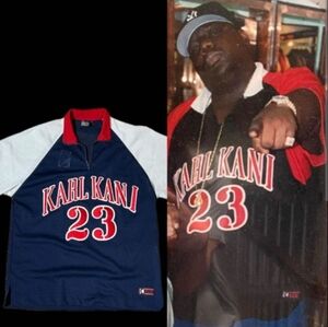 Vintage Karl Kani Navy and White Half-Zip Jersey